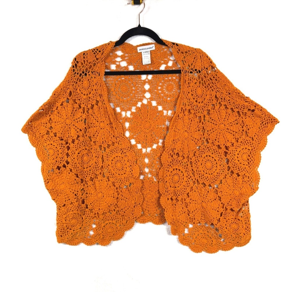 Jessica London 22/24 Orange Crochet Knit Floral Medallion Cardigan Boho Hippie